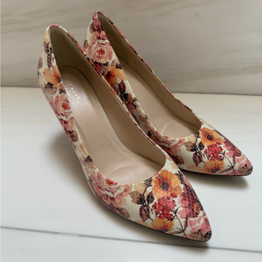 Cole Haan Pink and Orange Heels Vibrant Floral Design